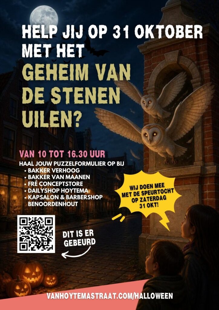 Poster Halloween speurtocht Van Hoytemastraat 31 oktober: het geheim van de stenen uilen
